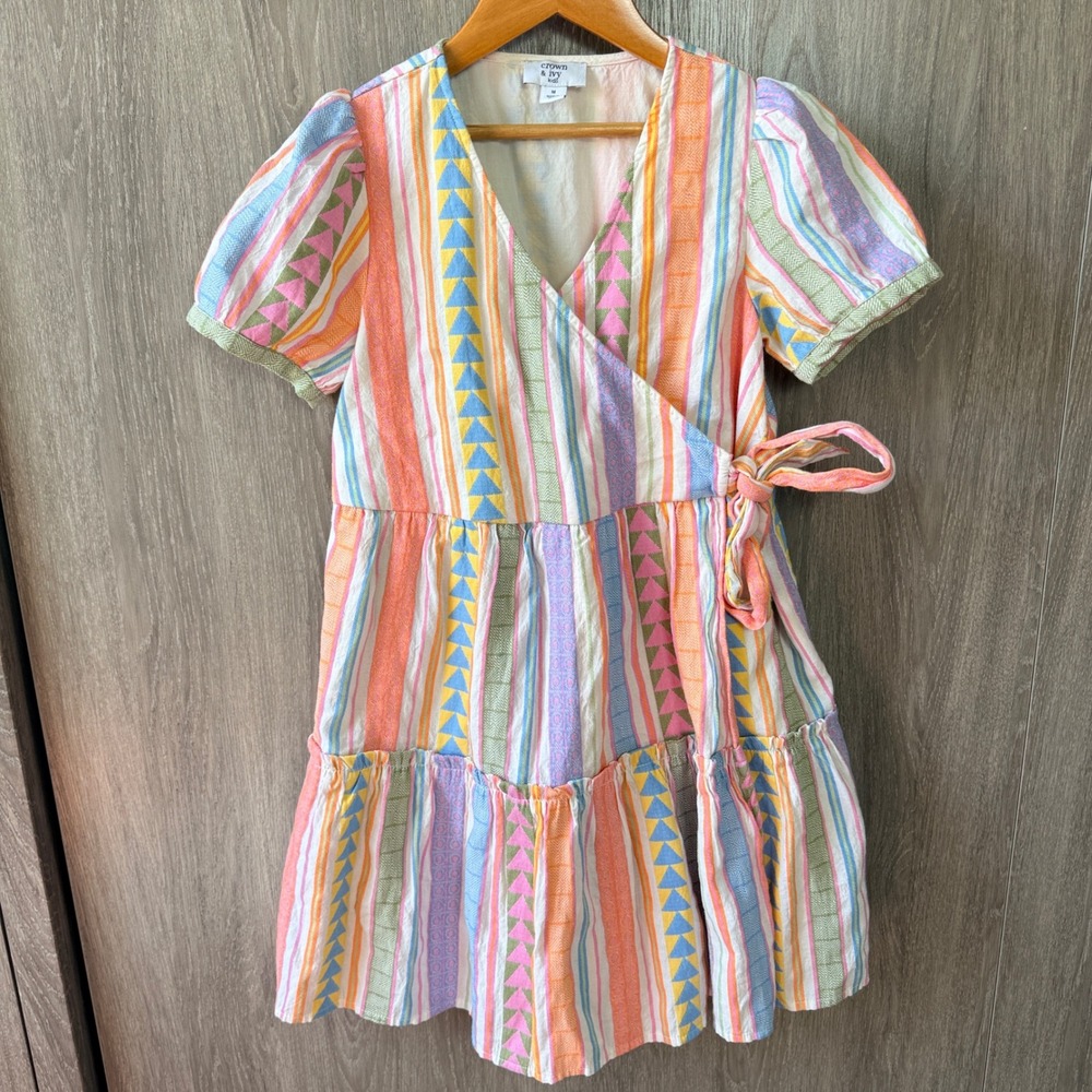 Crown & Ivy Wrap Dress Girls Medium MultiColor Stripe Boho Preppy Tiered Summer